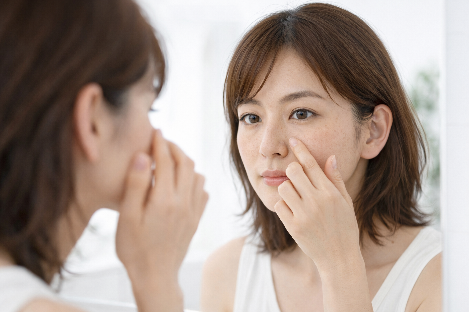 鏡を見ながら頬の毛穴を確認する女性