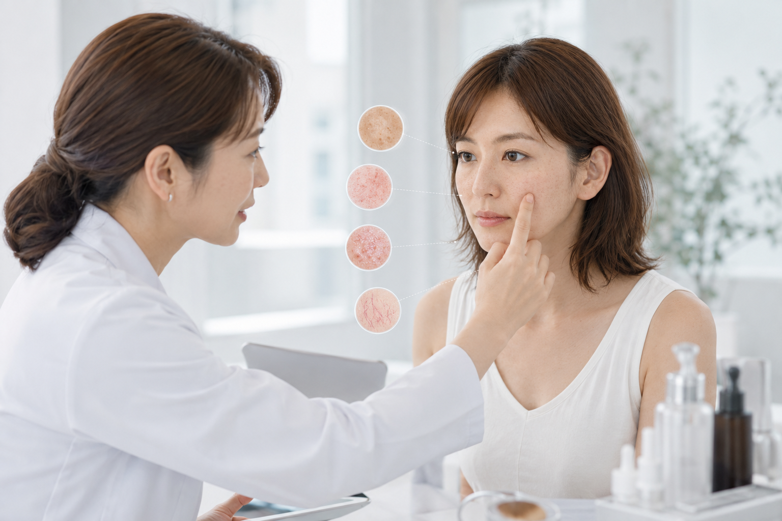 肌状態を診察で確認する様子