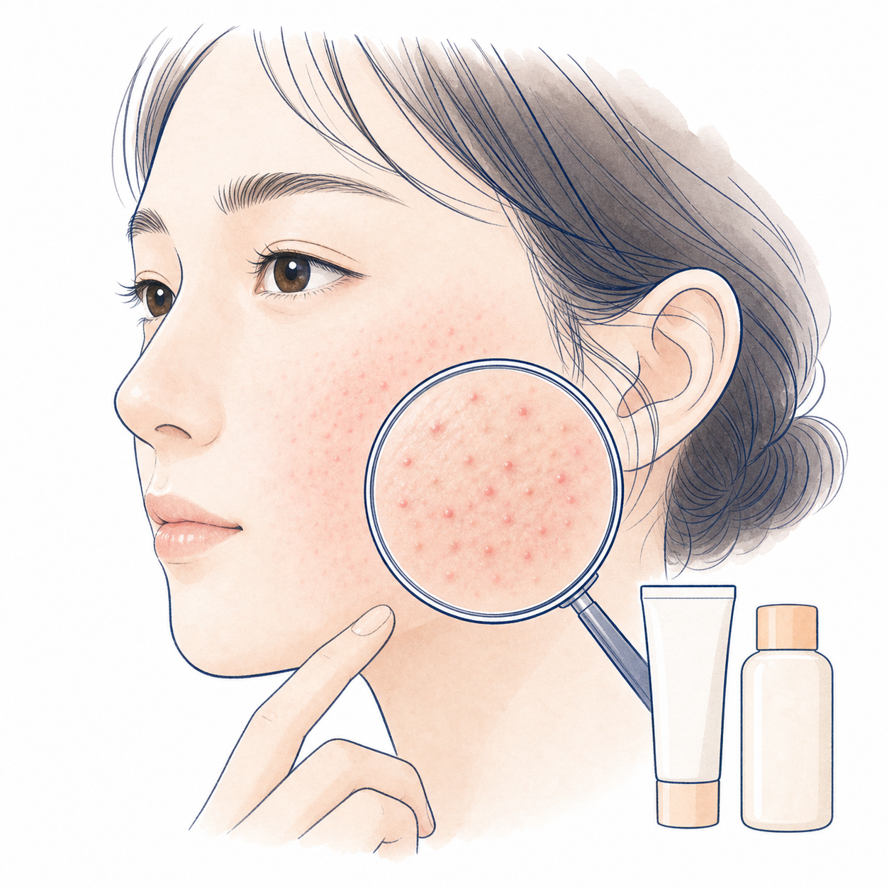 化粧品使用後に毛穴単位の赤いぶつぶつが現れる毛包性接触皮膚炎のイラスト