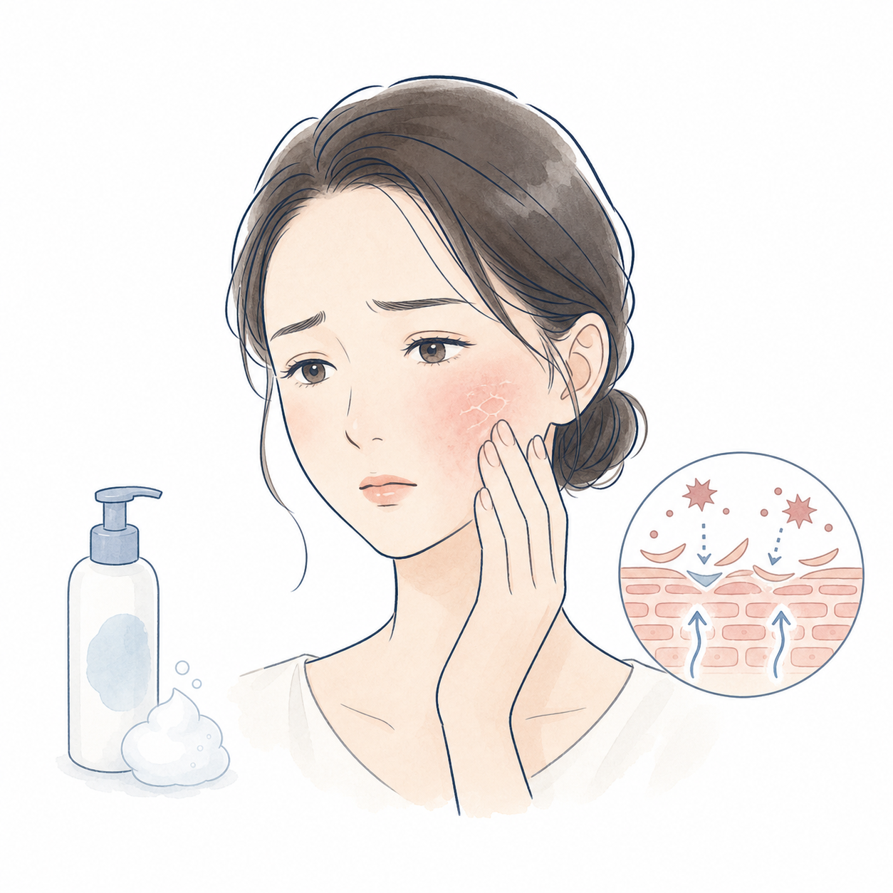 刺激性接触皮膚炎とバリア機能低下による頬の赤みや乾燥のイラスト