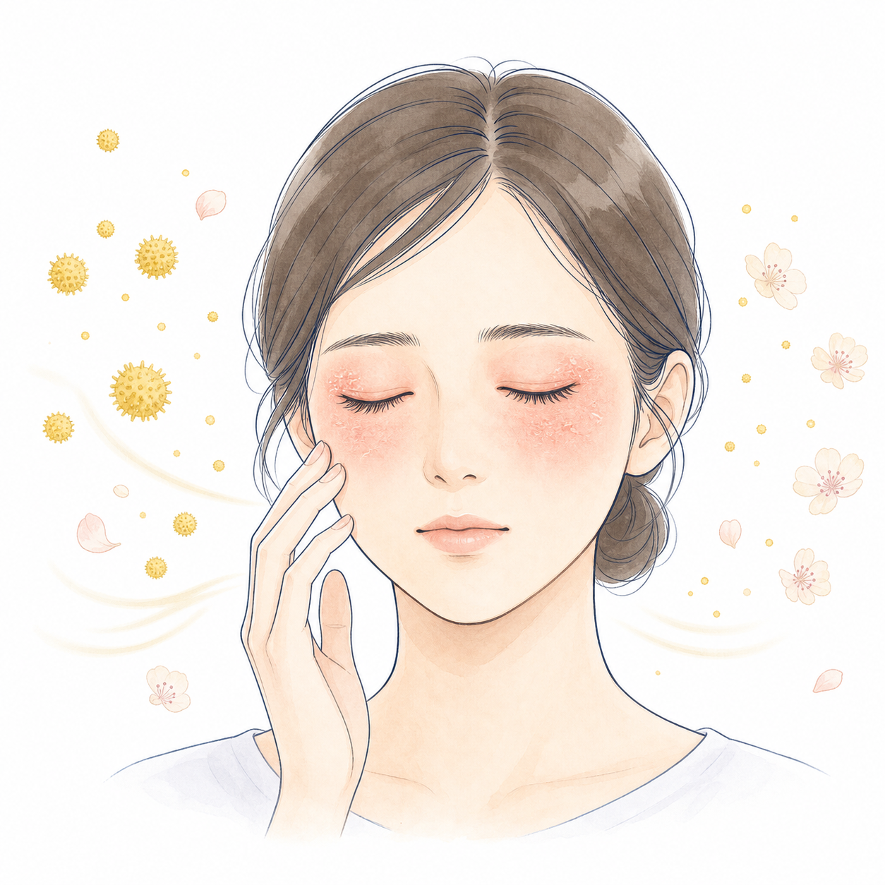 花粉により目のまわりや頬に赤みと乾燥が現れる皮膚炎のイラスト