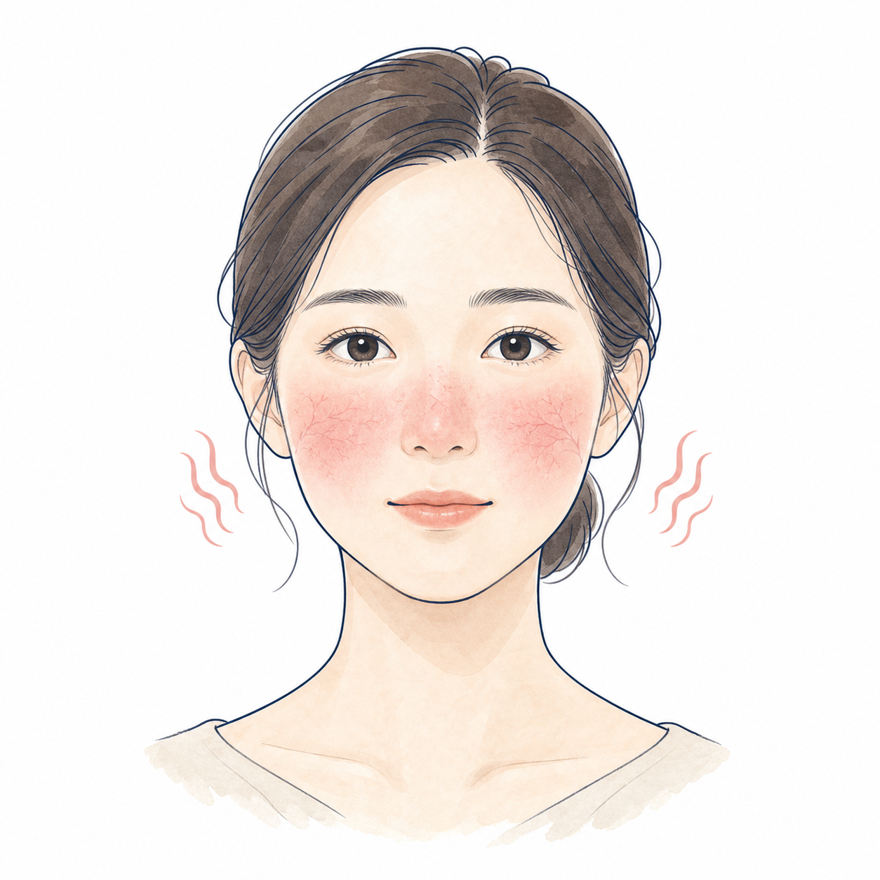 両頬と鼻に持続する赤みや毛細血管が見られる酒さのイラスト