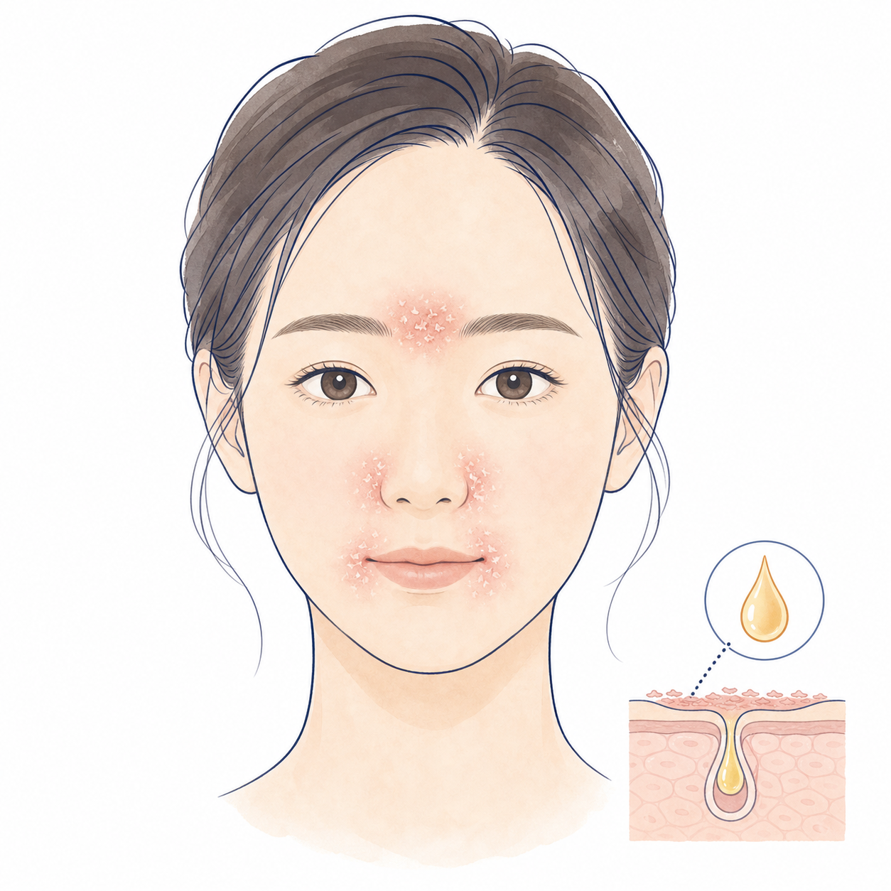 眉間や鼻わき、口まわりに赤みと皮むけが現れる脂漏性皮膚炎のイラスト