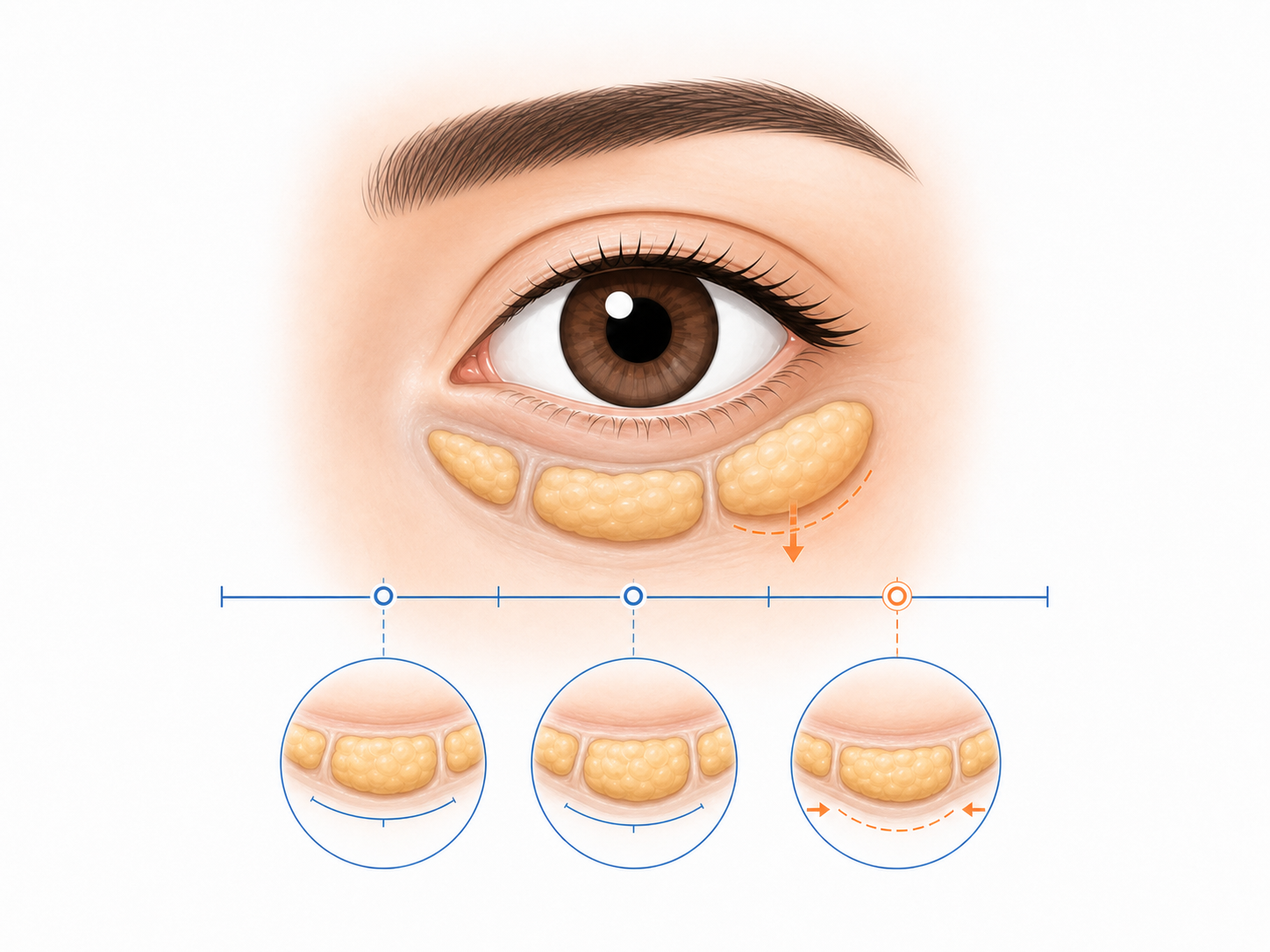 下まぶたの3区画の眼窩脂肪を確認し、突出部位と量を調整する考え方のイラスト