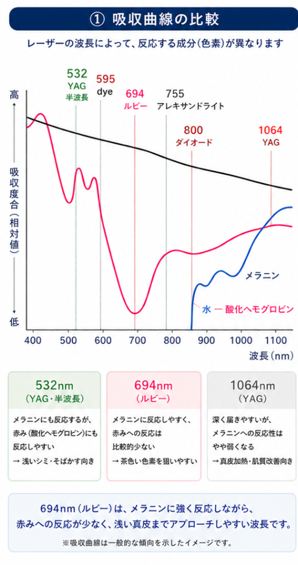 各レーザー波長のメラニンと酸化ヘモグロビンへの吸収傾向を比較した図