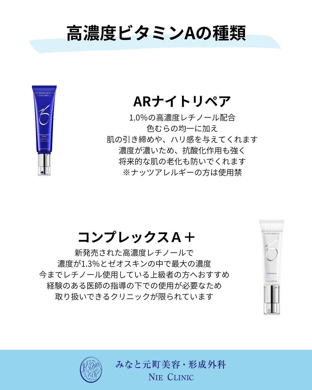 ARナイトリペアとコンプレックスAプラスなど高濃度レチノール製品の院内説明資料
