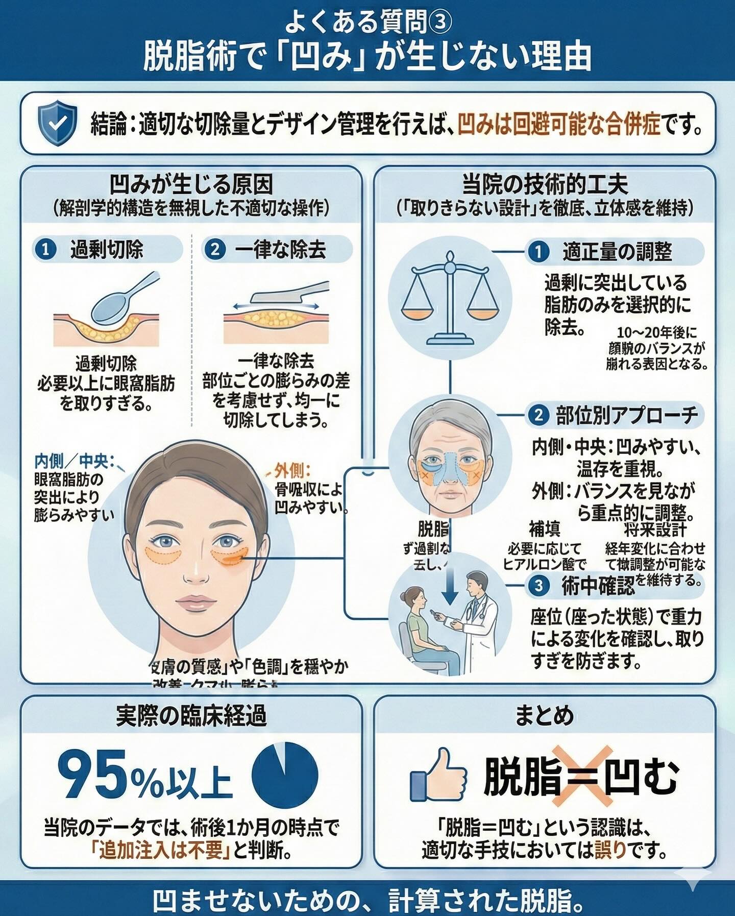 下眼瞼脱脂で過剰切除を避ける部位別設計と術中確認を示す図