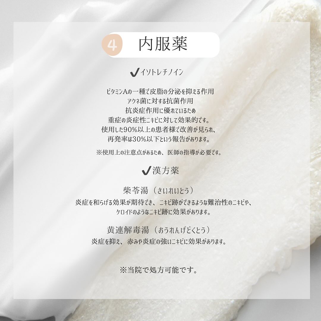 重症ニキビに用いるイソトレチノインと柴苓湯・黄連解毒湯を説明した内服治療図